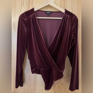 Express Bodysuit Velvet Faux Wrap Long Sleeve Top in Red Wine | XS